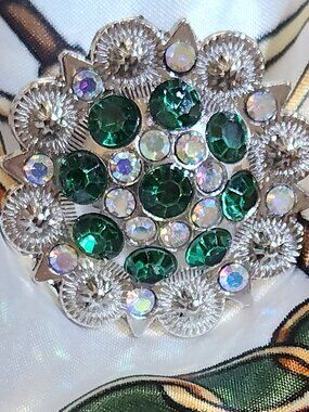SCARF SLIDE Concho with GREEN & AB stones SILVERTONE NEW by Ornaments Collection